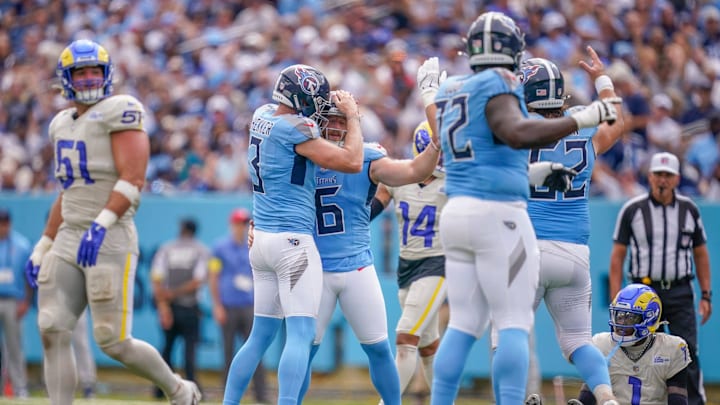 Tennessee Titans place kicker Joey Slye (6) celebrates his field goal during the third quarter against the Los Angeles Rams at Nissan Stadium in Nashville, Tenn., Sunday, Sept. 14, 2025.