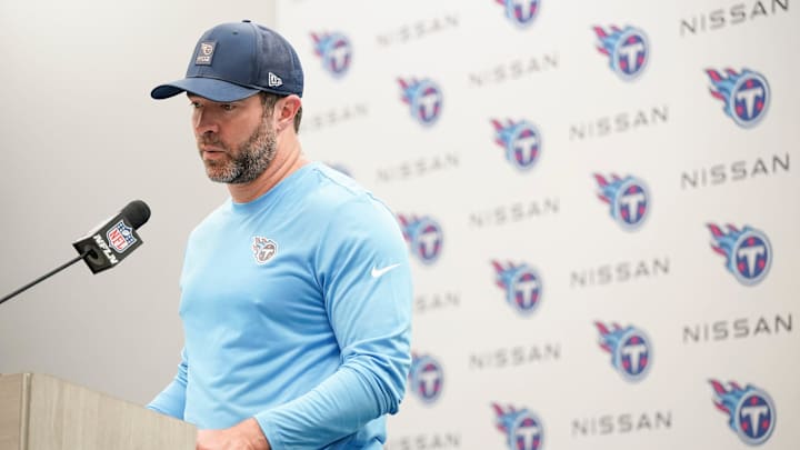 Tennessee Titans coach Brian Callahan takes questions after their 41-20 loss against the Indianapolis Colts at Nissan Stadium in Nashville, Tenn., Sunday, Sept. 21, 2025.