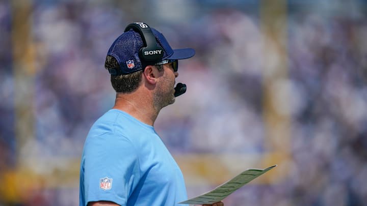 Tennessee Titans coach Brian Callahan calls plays during the first quarter against the Los Angeles Rams at Nissan Stadium in Nashville, Tenn., Sunday, Sept. 14, 2025. Tennessee Titans coach Brian Callahan calls plays during the first quarter against the Los Angeles Rams at Nissan Stadium in Nashville, Tenn., Sunday, Sept. 14, 2025.