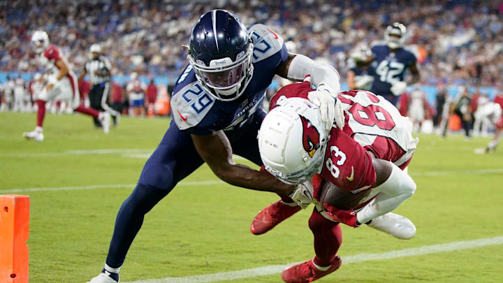 Arizona Cardinals wide receiver Greg Dortch scores a touchdown past Tennessee Titans safety Theo Jackson.