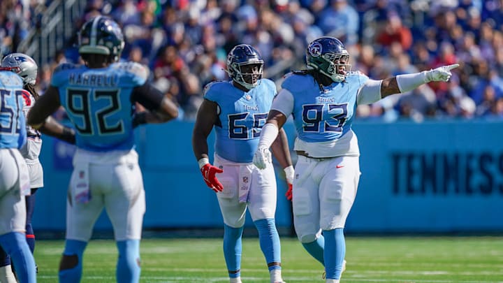 Tennessee Titans defensive tackle T'Vondre Sweat (93) celebrates sacking New England Patriots quarterback Drake Maye (10) during the fourth quarter at Nissan Stadium in Nashville, Tenn., Sunday, Oct. 19, 2025. Tennessee Titans defensive tackle T'Vondre Sweat (93) celebrates sacking New England Patriots quarterback Drake Maye (10) during the fourth quarter at Nissan Stadium in Nashville, Tenn., Sunday, Oct. 19, 2025.
