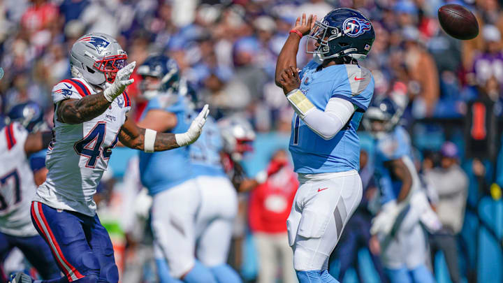 Tennessee Titans quarterback Cam Ward (1) fumbles the ball during the third quarter against the New England Patriots at Nissan Stadium in Nashville, Tenn., Sunday, Oct. 19, 2025. Tennessee Titans quarterback Cam Ward (1) fumbles the ball during the third quarter against the New England Patriots at Nissan Stadium in Nashville, Tenn., Sunday, Oct. 19, 2025.