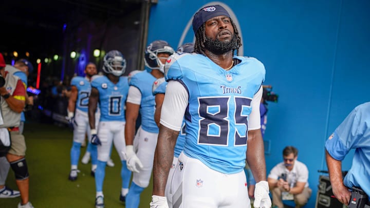 Tennessee Titans tight end Chig Okonkwo (85) is introduced before the game against the Los Angeles Rams at Nissan Stadium in Nashville, Tenn., Sunday, Sept. 14, 2025. Tennessee Titans tight end Chig Okonkwo (85) is introduced before the game against the Los Angeles Rams at Nissan Stadium in Nashville, Tenn., Sunday, Sept. 14, 2025.