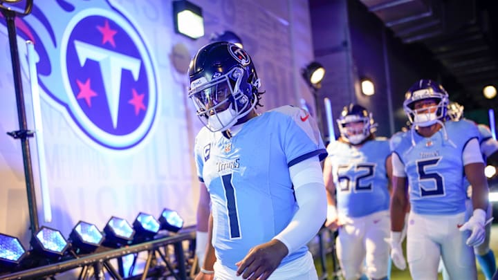 Tennessee Titans wide receiver Calvin Ridley (0) heads out to the field before the game against the Indianapolis Colts at Nissan Stadium in Nashville, Tenn., Sunday, Sept. 21, 2025.