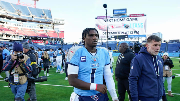 Tennessee Titans quarterback Cam Ward (1) leaves the field after the loss against the Jacksonville Jaguars at Nissan Stadium in Nashville, Tenn., Sunday, Nov. 30, 2025.