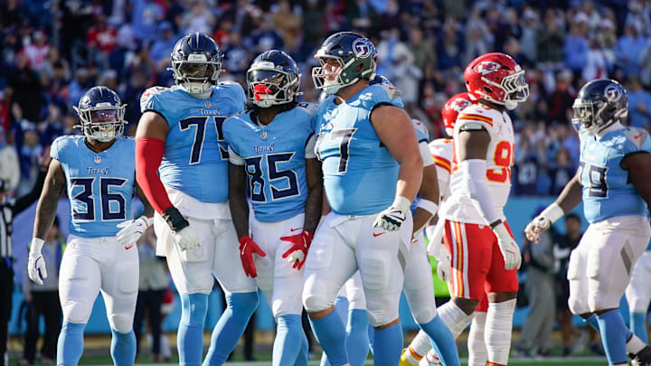 Tennessee Titans tight end Chig Okonkwo (85) celebrates his touchdown during the second quarter against the Kansas City Chiefs at Nissan Stadium in Nashville, Tenn., Sunday, Dec. 21, 2025.