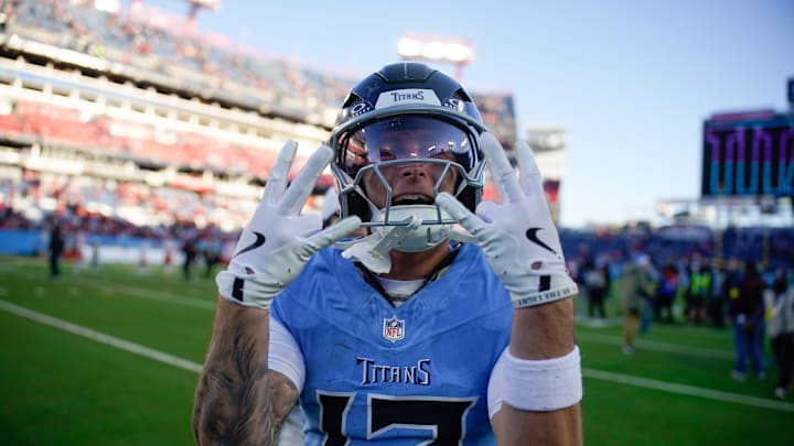 Tennessee Titans wide receiver Mason Kinsey (12) celebrates the win after the game against the Kansas City Chiefs at Nissan Stadium in Nashville, Tenn., Sunday, Dec. 21, 2025.