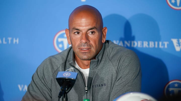 Coach Robert Saleh takes questions as the Titans present their first two NFL Draft selections wide receiver Carnell Tate and edge defender Keldric Faulk at their practice facility in Nashville, Tenn., Friday, April 24, 2026.