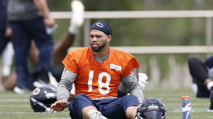 Jun 3, 2025; Lake Forest, IL, USA; Chicago Bears quarterback Caleb Williams (18) warms up during minicamp at Halas Hall. Mandatory Credit: Kamil Krzaczynski-Imagn Images