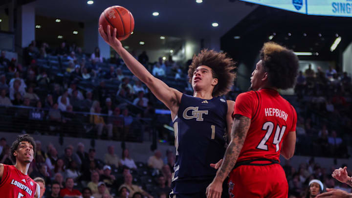 Feb 1, 2025; Atlanta, Georgia, USA; Georgia Tech Yellow Jackets guard Naithan George (1) shoots against the Louisville Cardinals in the second half at McCamish Pavilion. Mandatory Credit: Brett Davis-Imagn Images