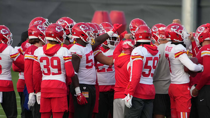 Nov 3, 2023; Frankfurt, Germany; Kansas City Chiefs players huddle during practice at DFB Campus. Mandatory Credit: Kirby Lee-Imagn Images