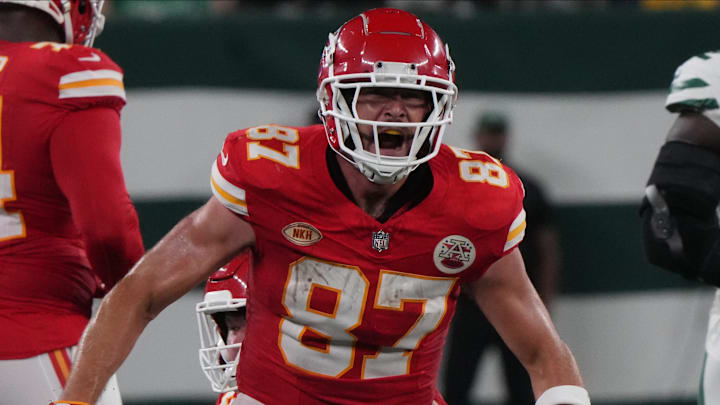 East Rutherford, NJ    October 1, 2023    Travis Kelce of the Chiefs after making a first down in the second half. The New York Jets host the Kansas City Chiefs at MetLife Stadium in East Rutherford, NJ on October 1, 2023.