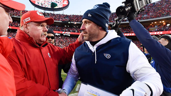 Kansas City Chiefs head coach Andy Reid shakes hands with Tennessee Titans head coach Mike Vrabel after defeating the Titans 35 to 24 in the AFC Championship game at Arrowhead Stadium Sunday, Jan. 19, 2020 in Kansas City, Mo.