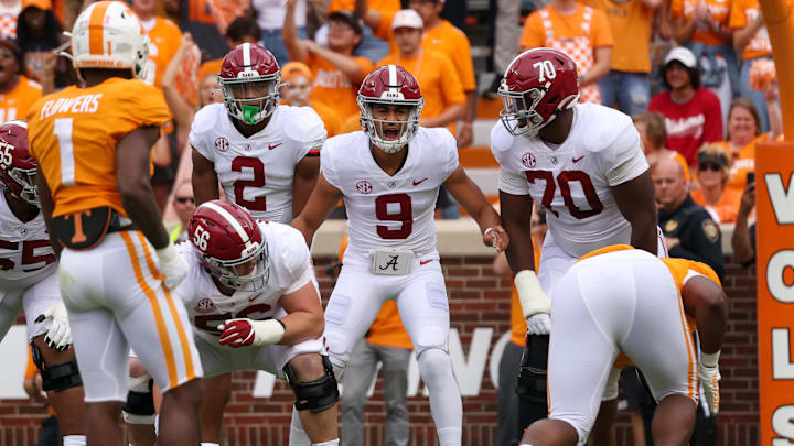 Oct 15, 2022; Knoxville, Tennessee, USA; Alabama Crimson Tide quarterback Bryce Young (9) calls out a play against the Tennessee Volunteers during the first quarter at Neyland Stadium. Mandatory Credit: Randy Sartin-Imagn Images Oct 15, 2022; Knoxville, Tennessee, USA; Alabama Crimson Tide quarterback Bryce Young (9) calls out a play against the Tennessee Volunteers during the first quarter at Neyland Stadium. Mandatory Credit: Randy Sartin-Imagn Images