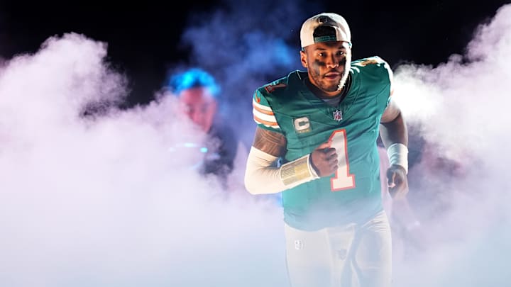 Sep 12, 2024; Miami Gardens, Florida, USA; Miami Dolphins quarterback Tua Tagovailoa (1) takes the field prior to the game against the Buffalo Bills at Hard Rock Stadium. Mandatory Credit: 