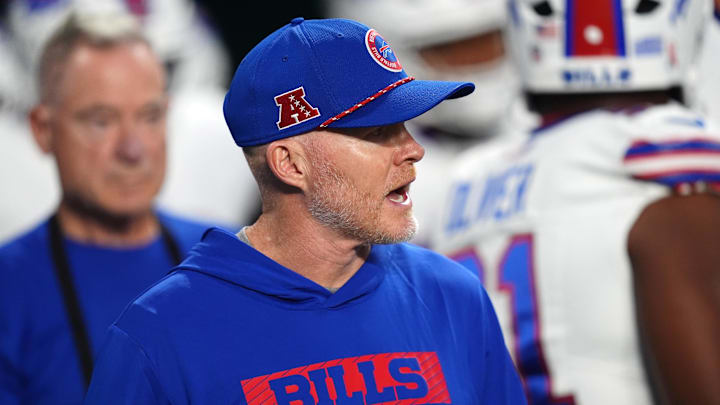 Sep 12, 2024; Miami Gardens, Florida, USA; Buffalo Bills head coach Sean McDermott walks onto the field prior to the game against the Miami Dolphins at Hard Rock Stadium. 