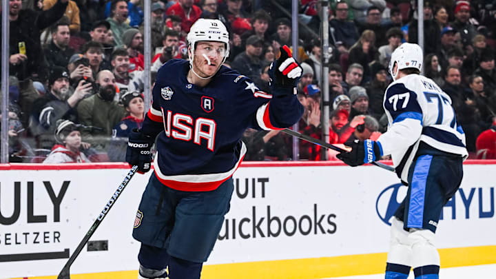 Feb 13, 2025; Montreal, Quebec, CAN; [Imagn Images direct customers only] Team USA forward Matthew Tkachuk (19) celebrates his goal against Team Finland in the third period during a 4 Nations Face-Off ice hockey game at Bell Centre. Mandatory Credit: David Kirouac-Imagn Images
