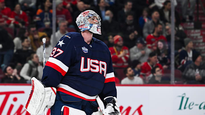 Feb 13, 2025; Montreal, Quebec, CAN; [Imagn Images direct customers only] Team USA goalie Connor Hellebuyck (37) looks up at the scoreboard against Team Finland in the second period during a 4 Nations Face-Off ice hockey game at Bell Centre. Mandatory Credit: David Kirouac-Imagn Images