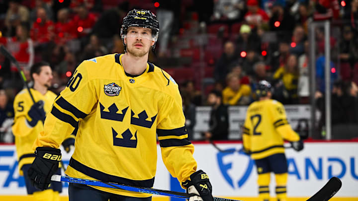 Feb 12, 2025; Montreal, Quebec, CAN; [Imagn Images direct customers only] Team Sweden forward Elias Pettersson (40) looks on in warm-up before the game against Team Canada during a 4 Nations Face-Off ice hockey game at Bell Centre. Mandatory Credit: David Kirouac-Imagn Images