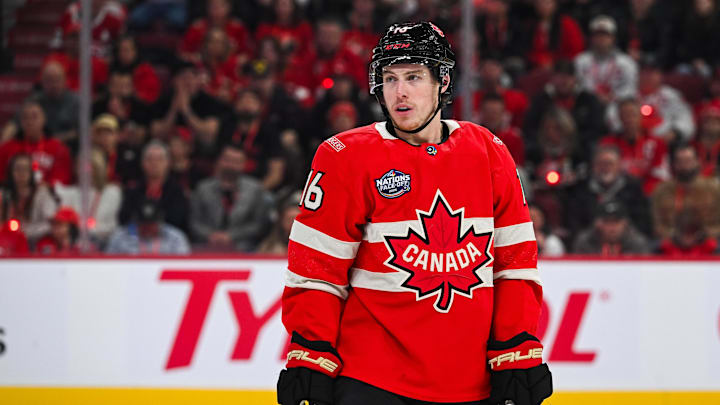 Feb 12, 2025; Montreal, Quebec, CAN; [Imagn Images direct customers only] Team Canada forward Mitch Marner (16) looks on against Team Sweden in the third period during a 4 Nations Face-Off ice hockey game at Bell Centre.