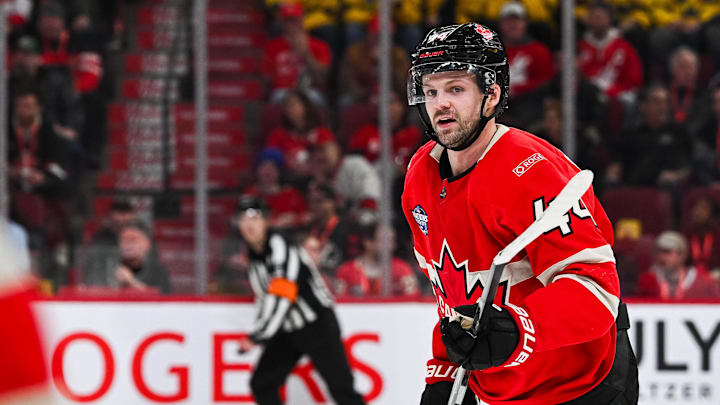 Feb 12, 2025; Montreal, Quebec, CAN; [Imagn Images direct customers only] Team Canada defenseman Josh Morrissey (44) looks on against Team Sweden in the second period during a 4 Nations Face-Off ice hockey game at Bell Centre. Mandatory Credit: David Kirouac-Imagn Images
