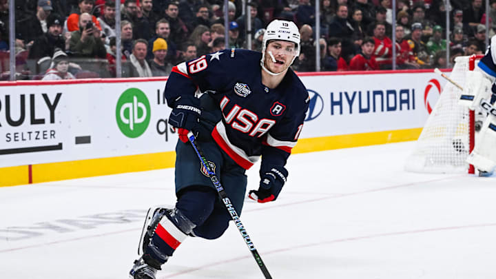 Feb 13, 2025; Montreal, Quebec, CAN; [Imagn Images direct customers only] Team USA forward Matthew Tkachuk (19) skates against Team Finland in the third period during a 4 Nations Face-Off ice hockey game at Bell Centre. Mandatory Credit: David Kirouac-Imagn Images