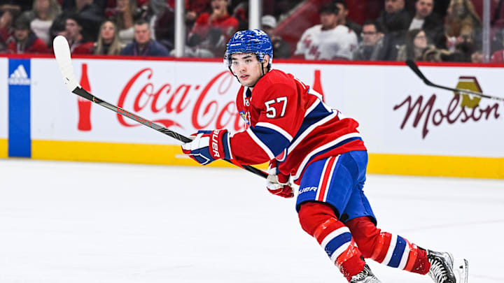 Apr 1, 2023; Montreal, Quebec, CAN; Montreal Canadiens center Sean Farrell (57) skates towards the play against the Carolina Hurricanes during the second period at Bell Centre. Mandatory Credit: David Kirouac-Imagn Images