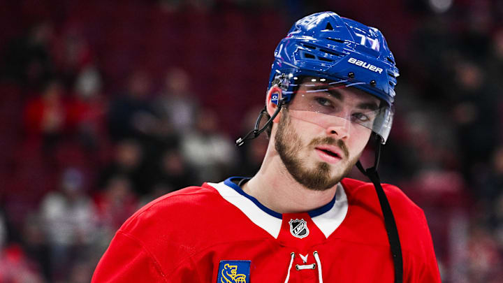 Jan 28, 2025; Montreal, Quebec, CAN; Montreal Canadiens center Kirby Dach (77) looks on during warm-up before the game against the Winnipeg Jets at Bell Centre. Mandatory Credit: David Kirouac-Imagn Images