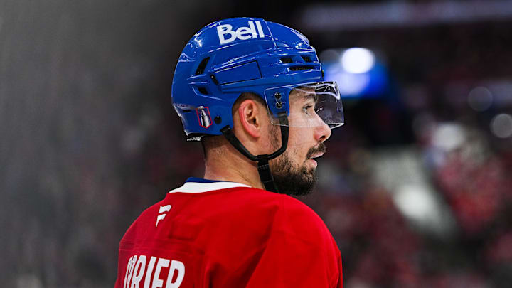 Apr 27, 2025; Montreal, Quebec, CAN; Montreal Canadiens defenseman Alexandre Carrier (45) looks on against the Washington Capitals during the second period in game four of the first round of the 2025 Stanley Cup Playoffs at Bell Centre. Mandatory Credit: David Kirouac-Imagn Images
