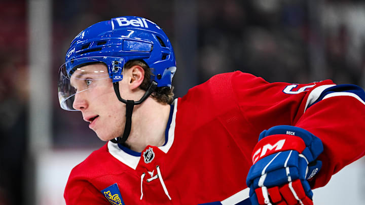 Feb 8, 2025; Montreal, Quebec, CAN; Montreal Canadiens center Owen Beck (62) looks on during warm-up before the game against the New Jersey Devils at Bell Centre. Mandatory Credit: David Kirouac-Imagn Images