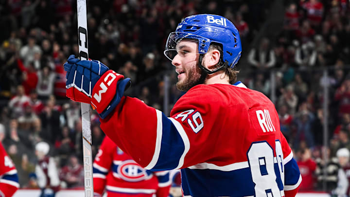 Mar 22, 2025; Montreal, Quebec, CAN; Montreal Canadiens right wing Joshua Roy (89) reacts after scoring a goal against the Colorado Avalanche in the third period at Bell Centre. Mandatory Credit: David Kirouac-Imagn Images