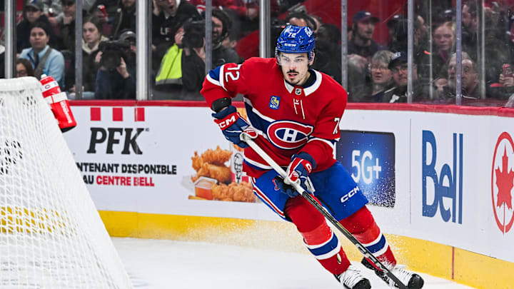 Mar 15, 2025; Montreal, Quebec, CAN; Montreal Canadiens defenseman Arber Xhekaj (72) skates with the puck near the net against the Florida Panthers in the second period at Bell Centre. Mandatory Credit: David Kirouac-Imagn Images