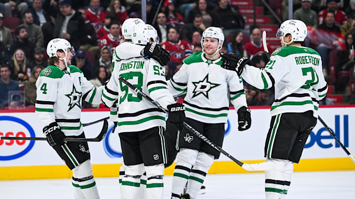 Nov 13, 2025; Montreal, Quebec, CAN; Dallas Stars center Wyatt Johnston (53) celebrates with his teammates his goal against the Montreal Canadiens during the first period at Bell Centre. Mandatory Credit: David Kirouac-Imagn Images
