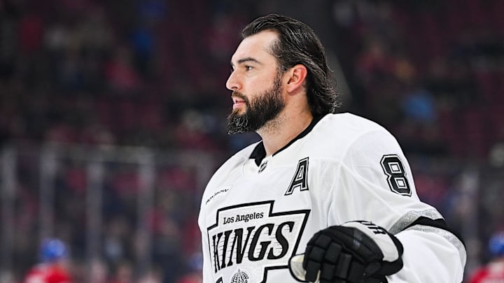 Nov 11, 2025; Montreal, Quebec, CAN; Los Angeles Kings defenseman Drew Doughty (8) looks on during warm-up before the game against the Montréal Canadiens at Bell Centre. Mandatory Credit: David Kirouac-Imagn Images