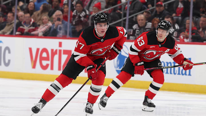 Dec 1, 2025; Newark, New Jersey, USA; New Jersey Devils defenseman Simon Nemec (17) skates with the puck against the Columbus Blue Jackets during the second period at Prudential Center. Mandatory Credit: Ed Mulholland-Imagn Images Dec 1, 2025; Newark, New Jersey, USA; New Jersey Devils defenseman Simon Nemec (17) skates with the puck against the Columbus Blue Jackets during the second period at Prudential Center. Mandatory Credit: Ed Mulholland-Imagn Images
