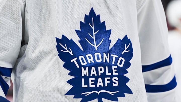 Jan 18, 2025; Montreal, Quebec, CAN; View of a Toronto Maple Leafs logo on a jersey worn by a member of the team during the second period at Bell Centre. Mandatory Credit: David Kirouac-Imagn Images