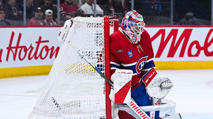 Jan 8, 2026; Montreal, Quebec, CAN; Montreal Canadiens goalie Samuel Montembeault (35) makes a save against the Florida Panthers during the second period at Bell Centre. Mandatory Credit: David Kirouac-Imagn Images