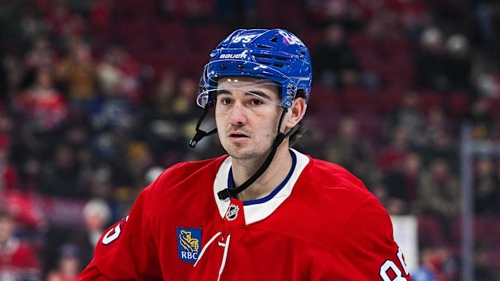 Jan 12, 2026; Montreal, Quebec, CAN; Montreal Canadiens left wing Alexandre Texier (85) looks on during warm-up before the game against the Vancouver Canucks at Bell Centre. Mandatory Credit: David Kirouac-Imagn Images