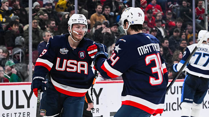 Feb 13, 2025; Montreal, Quebec, CAN; [Imagn Images direct customers only] Team USA forward Matthew Tkachuk (19) celebrates with Team USA forward Auston Matthews (34) his goal against Team Finland in the third period during a 4 Nations Face-Off ice hockey game at Bell Centre. Mandatory Credit: David Kirouac-Imagn Images