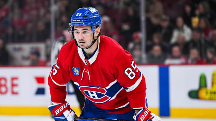 Jan 10, 2026; Montreal, Quebec, CAN; Montreal Canadiens left wing Alexandre Texier (85) waits for a face-off against the Detroit Red Wings during the third period at Bell Centre. Mandatory Credit: David Kirouac-Imagn Images