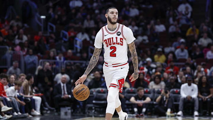Chicago Bulls guard Lonzo Ball (2) brings the ball up court against the Minnesota Timberwolves during the second half at United Center. Mandatory Credit: Kamil Krzaczynski-Imagn Images