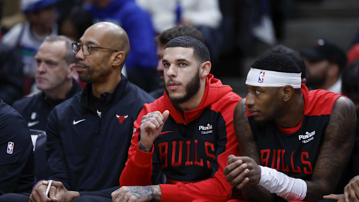 Oct 16, 2024; Chicago, Illinois, USA; Chicago Bulls guard Lonzo Ball (2) sits on the bench during the first half of a game against the Minnesota Timberwolves at United Center. Mandatory Credit: Kamil Krzaczynski-Imagn Images