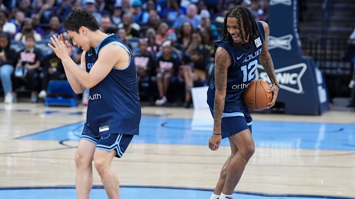 Grizzlies' Yuki Kawamura (17) and Ja Morant (12) do the griddy dance during open practice at FedExForum in Memphis, Tenn., on Sunday, October 6, 2024. Grizzlies' Yuki Kawamura (17) and Ja Morant (12) do the griddy dance during open practice at FedExForum in Memphis, Tenn., on Sunday, October 6, 2024.