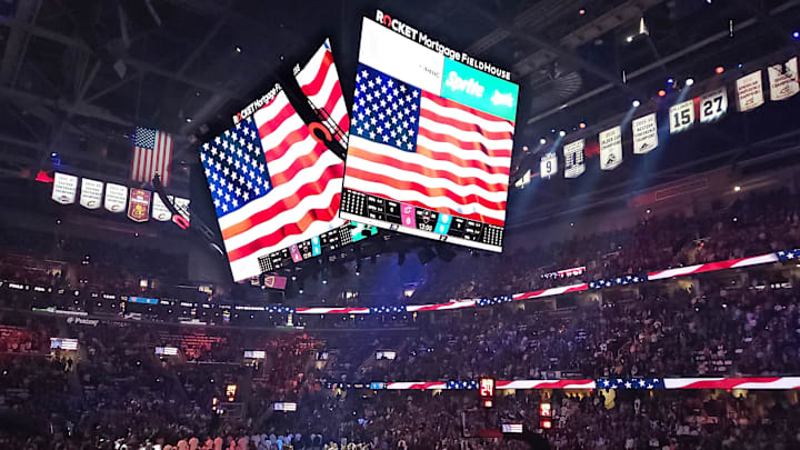 Mar 3, 2024; Cleveland, Ohio, USA; An overall view of the arena during the national anthem before a game between the Cleveland Cavaliers and the New York Knicksat Rocket Mortgage FieldHouse. Mandatory Credit: David Richard-Imagn Images Mar 3, 2024; Cleveland, Ohio, USA; An overall view of the arena during the national anthem before a game between the Cleveland Cavaliers and the New York Knicksat Rocket Mortgage FieldHouse. Mandatory Credit: David Richard-Imagn Images