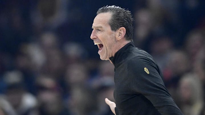 Dec 14, 2025; Cleveland, Ohio, USA; Cleveland Cavaliers head coach Kenny Atkinson reacts in the first quarter against the Charlotte Hornets at Rocket Arena. Mandatory Credit: David Richard-Imagn Images