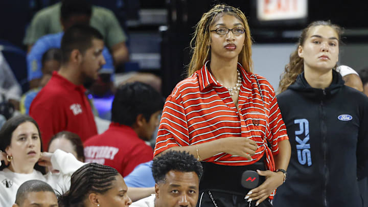 Jul 24, 2025; Chicago, Illinois, USA; Chicago Sky forward Angel Reese (5) looks on from the bench during the first half of a basketball game against the Seattle Storm at Wintrust Arena. Mandatory Credit: Kamil Krzaczynski-Imagn Images