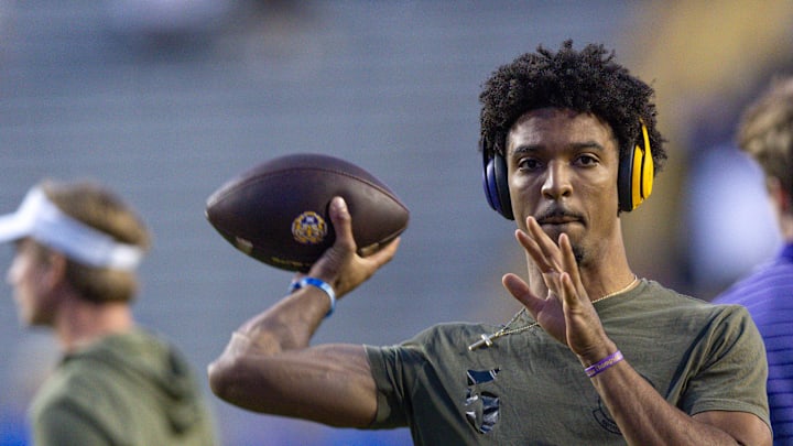 Nov 11, 2023; Baton Rouge, Louisiana, USA;  LSU Tigers quarterback Jayden Daniels during pregame against the Florida Gators at Tiger Stadium. Mandatory Credit: Stephen Lew-USA TODAY Sports