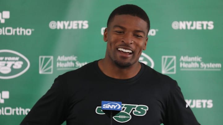 Florham Park, NJ July 19, 2023 --   Cornerback, DJ Reed being interviewed as players arrived today to participate in the NY Jets 2023 Training Camp at their practice facility in Florham Park, NJ.