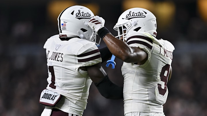 Mississippi State Bulldogs cornerback Kelley Jones (1) and safety Tony Mitchell (9) celebrate a stop on fourth and one in the second quarter against the Texas A&M Aggies at Kyle Field. Mississippi State Bulldogs cornerback Kelley Jones (1) and safety Tony Mitchell (9) celebrate a stop on fourth and one in the second quarter against the Texas A&M Aggies at Kyle Field.