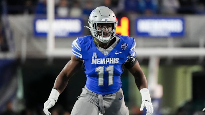 Memphis' Chandler Martin (11) prepares for UAB to snap the ball during the game between UAB and the University of Memphis at Simmons Bank Liberty Stadium in Memphis, Tenn., on Saturday, November 16, 2024.